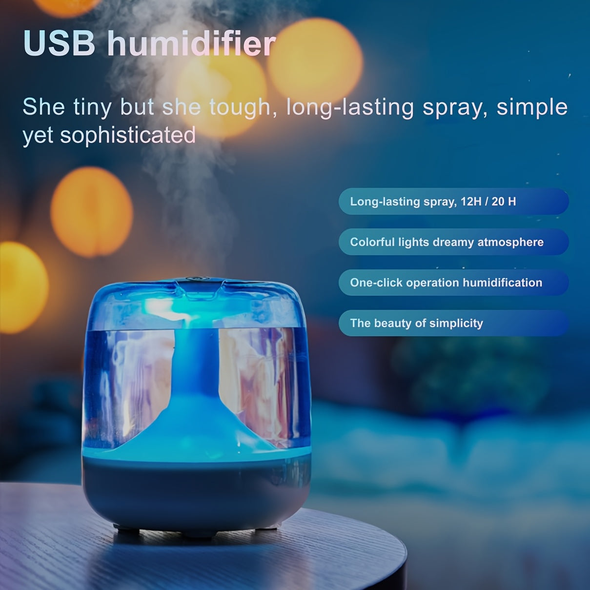 USB-Powered Home Humidifier with 7-Color Night Light, 26dB Quiet Operation, 2 Mist Levels, 24H Runtime & Visible Water Level Indicator - ABS Material for Living Room, Bedroom, Office - Perfect Birthday or Christmas Gift, Air